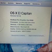 Apple MacbookPro 15" versione 10.11.6