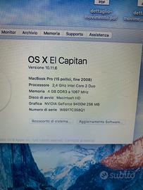 Apple MacbookPro 15" versione 10.11.6