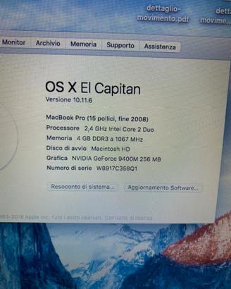 Apple MacbookPro 15" versione 10.11.6