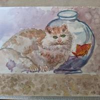 acquerello con gatto e pesce rosso 