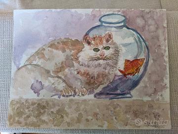 acquerello con gatto e pesce rosso 