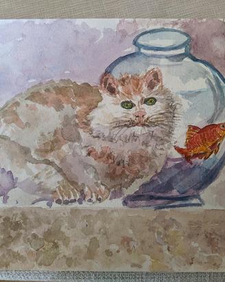 acquerello con gatto e pesce rosso 