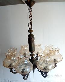 Lampadario in ottone e Vetro inciso 8 bracci