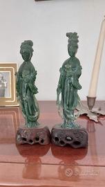 Coppia di statue cinesi in giada verde