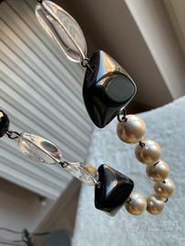 Collana perle bianche, nere e trasparenti Vintage