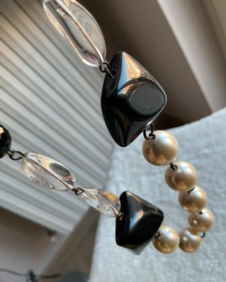Collana perle bianche, nere e trasparenti Vintage
