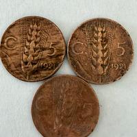 Tre monete italiane da 5 centesimi del 1921/22