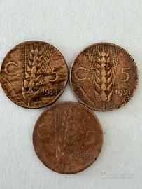 Tre monete italiane da 5 centesimi del 1921/22