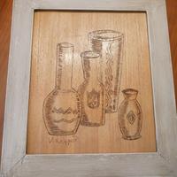 Quadretto legno pirografato con bottiglie