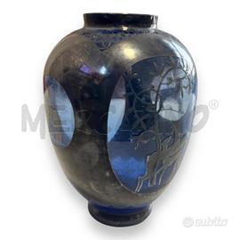 VASO IN VETRO BLU CON INSERTI IN ARGENTO ANNI 60 A