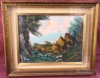 Quadro Olio Paesaggio di Campagna Pecore  G. Rizzo