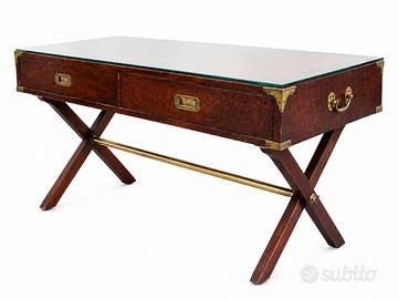 Scrivania vintage in legno con ripiano in vetro