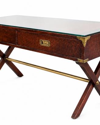 Scrivania vintage in legno con ripiano in vetro