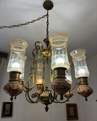 Lampadario vintage barocco ottone decorata vetro