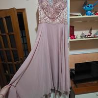 Abito Lungo Rosa Cipria con Corpetto di Perline - 