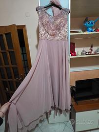 Abito Lungo Rosa Cipria con Corpetto di Perline - 