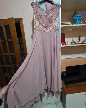 Abito Lungo Rosa Cipria con Corpetto di Perline - 