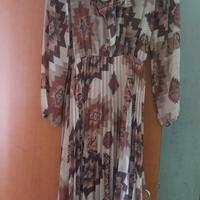 abito manica lunga fantasia plissettato beige-marr