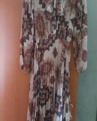 abito manica lunga fantasia plissettato beige-marr