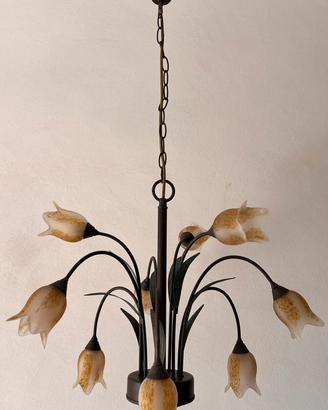 Lampadario vintage a 8 luci con fiori in vetro