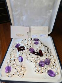 Collana ametista, perle, ambra