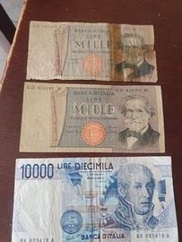 Lotto 3 banconote  10000 lire e due pezzida 1000