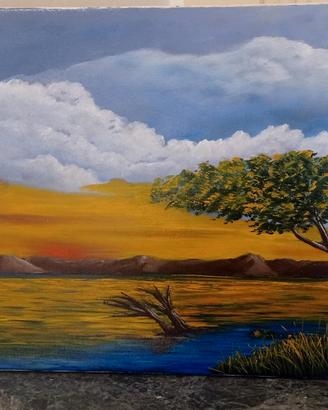 Quadro paesaggio lago con albero