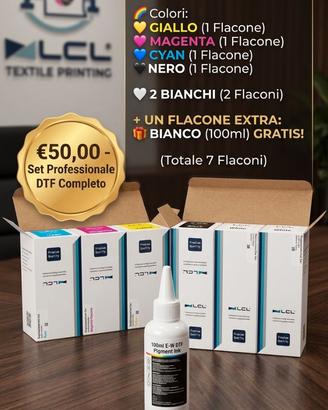 Set Inchiostri Tessili DTF Premium +Flacone Bianco