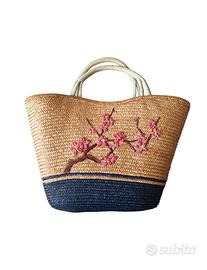 Borsa di Paglia Sakura Fiori Giapponesi Vintage 