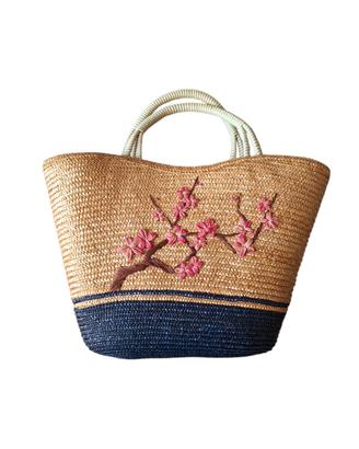 Borsa di Paglia Sakura Fiori Giapponesi Vintage 