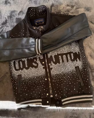 Giacca varsity in lana e pelle con swaroski