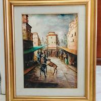 Quadro con Strada e con cani dipinto a mano a olio