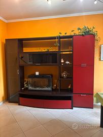 Mobile soggiorno componibile rosso-legno