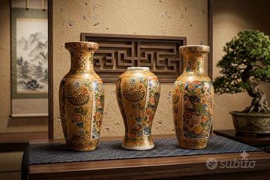 Tris Vasi Giapponesi Stile Satsuma in Ceramica 