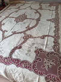 copriletto écru in lino ricamata a mano e merletto