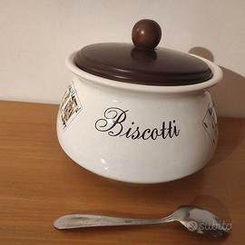 Biscottiera ceramica decorata e coperchio legno