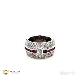 Anello fascia in oro bianco con rubini e diamanti