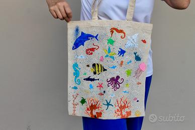 Shopper in tela "Mondo Marino" - Dipinta a mano