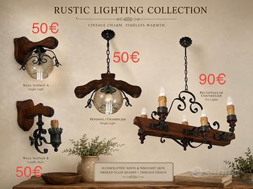Lampadario e applique in legno e ferro battuto