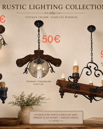 Lampadario e applique in legno e ferro battuto