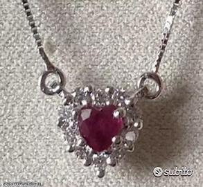 COLLANA CUORE ORO 18kt. DIAMANTI E RUBINO NATURALI