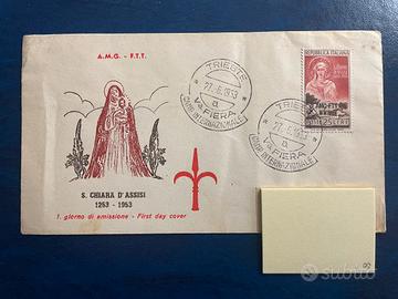 1953 Francobollo S.Chiara d'Assisi AMG-FTT su FDC