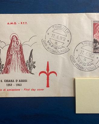 1953 Francobollo S.Chiara d'Assisi AMG-FTT su FDC