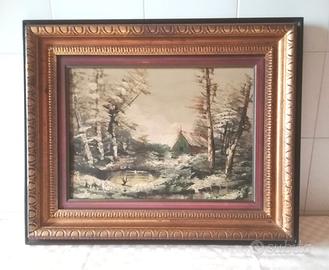 Quadro Dipinto olio con cornice paesaggio inverno
