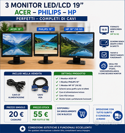 3 Monitor LED/LCD 19"Acer, Philips-16::9,Hp 16:10