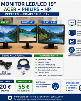 3 Monitor LED/LCD 19"Acer, Philips-16::9,Hp 16:10