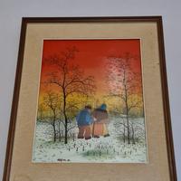 Quadro naif con paesaggio neve - colore rosso