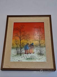 Quadro naif con paesaggio neve - colore rosso