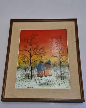 Quadro naif con paesaggio neve - colore rosso