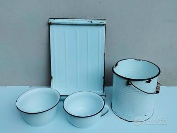 Set Vintage Smaltato Bianco Blu Ideale x Fioriere